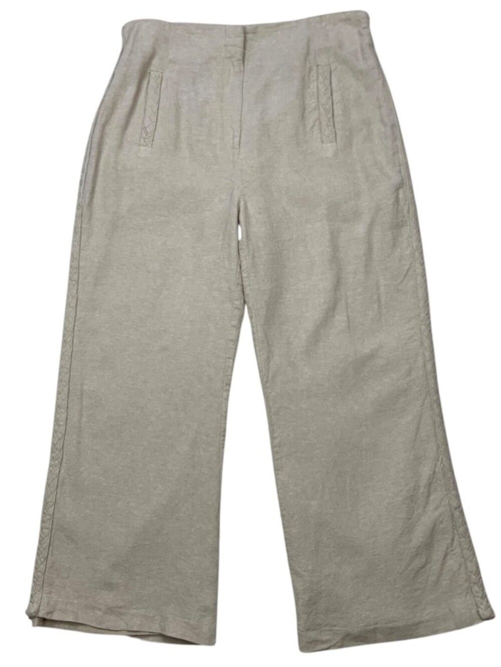 Jason Wu Braided Trim Linen Pants 6 Cream Wide Leg High Rise
